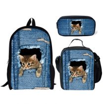 Three-Piece Hiding Cat Denim Designed School Bag